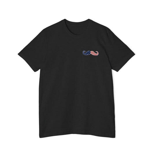 Black T-shirt featuring a small mustache graphic on the left chest area. The mustache is styled with an American flag pattern, with one side showing the stars on a blue background and the other side displaying red and white stripes