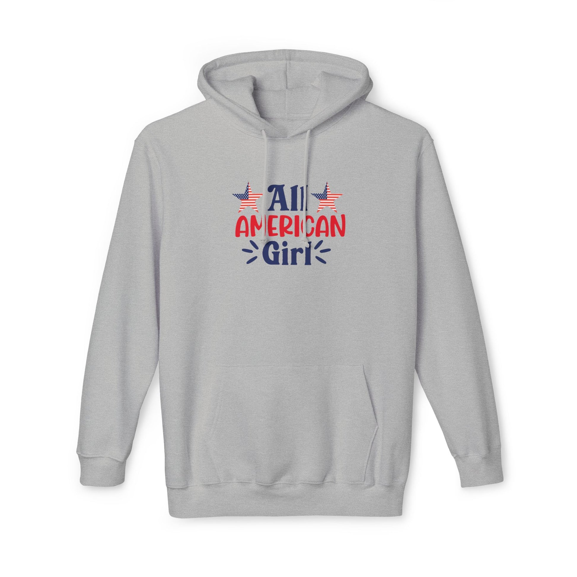 Gray hoodie with 'All American Girl' text in red and blue, featuring two American flag stars above the text