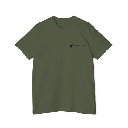 Military green T-shirt with 'America First Outfitters' text and an eagle graphic in black, located on the upper left chest