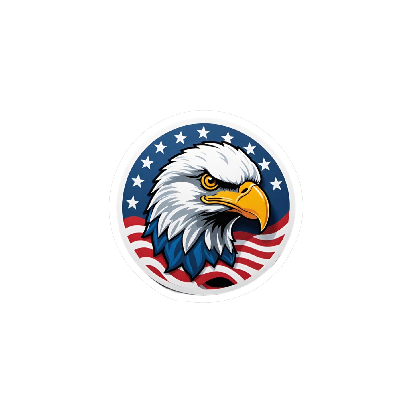 Round patriotic sticker featuring a bold illustration of a bald eagle with a sharp, determined expression. The eagle is set against a background of stars and stripes, symbolizing the American flag.