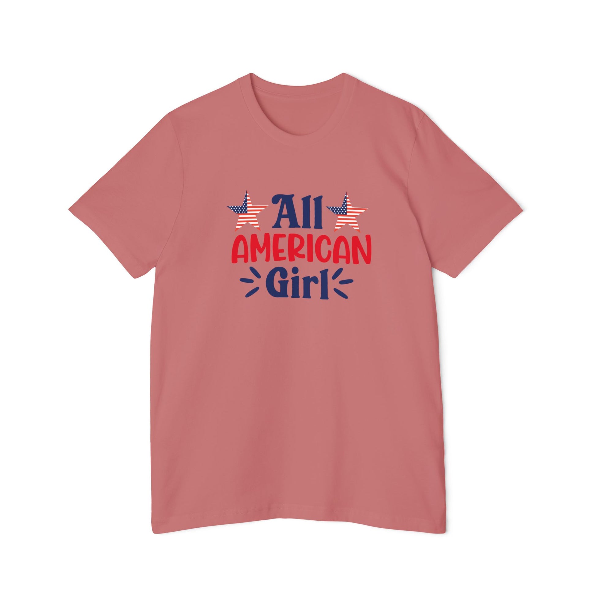 Pink T-shirt with 'All American Girl' text in red and blue, featuring two American flag stars above the text.