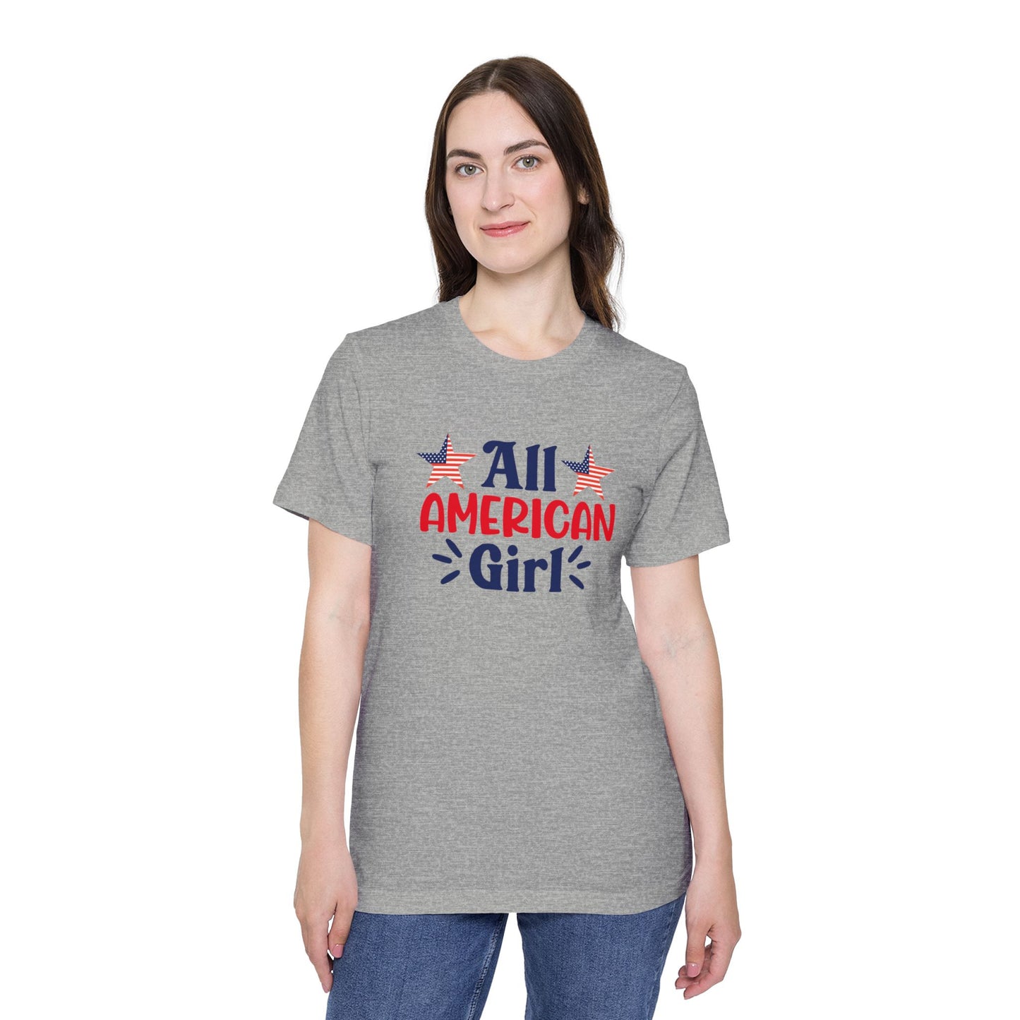 Woman wearing a gray T-shirt with 'All American Girl' text in red and blue, featuring two American flag stars above the text.