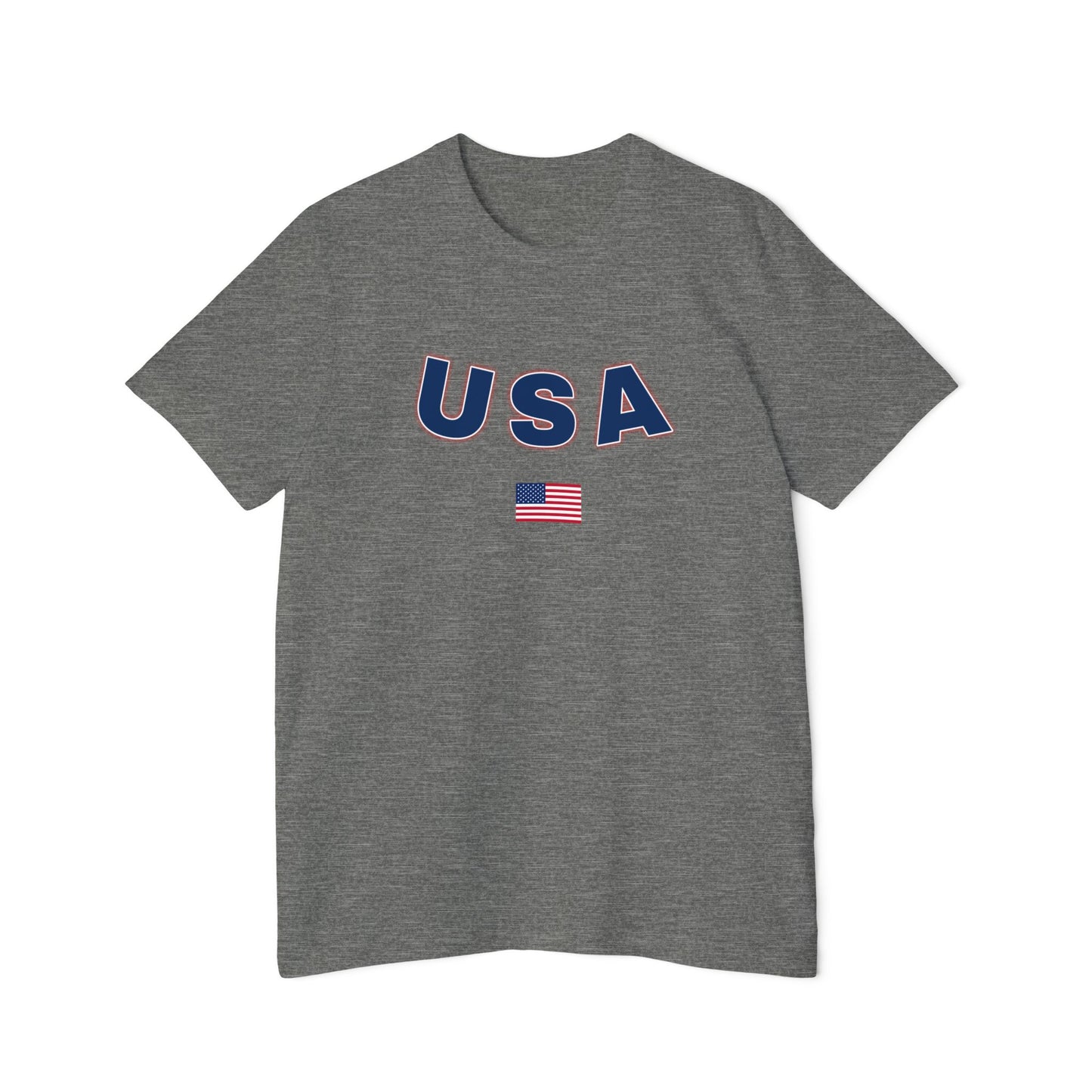 Dark gray T-shirt featuring the text 'USA' in bold navy blue letters with a slight red outline across the chest. Below the text, there is a small American flag