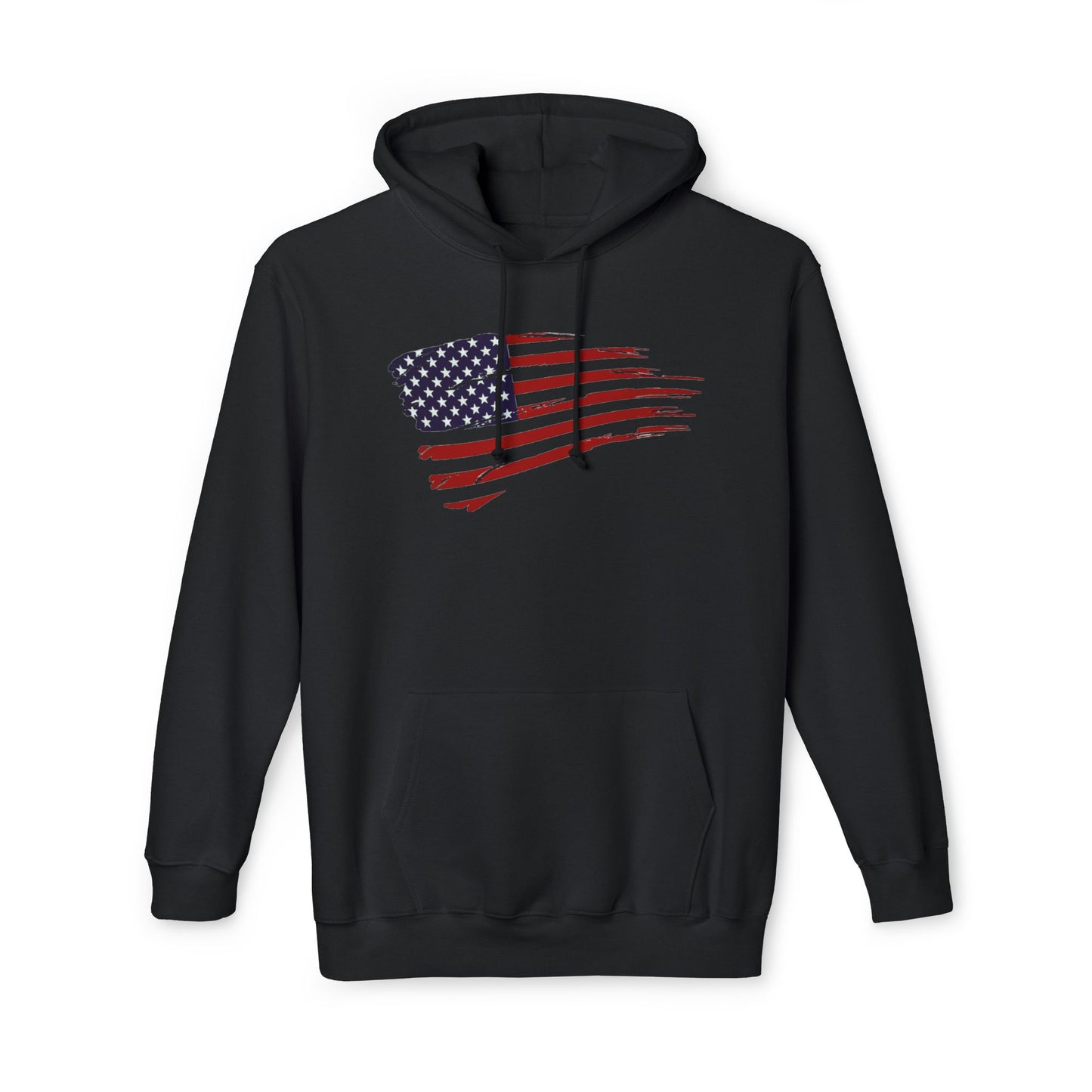 Black hoodie featuring a distressed American flag graphic across the chest