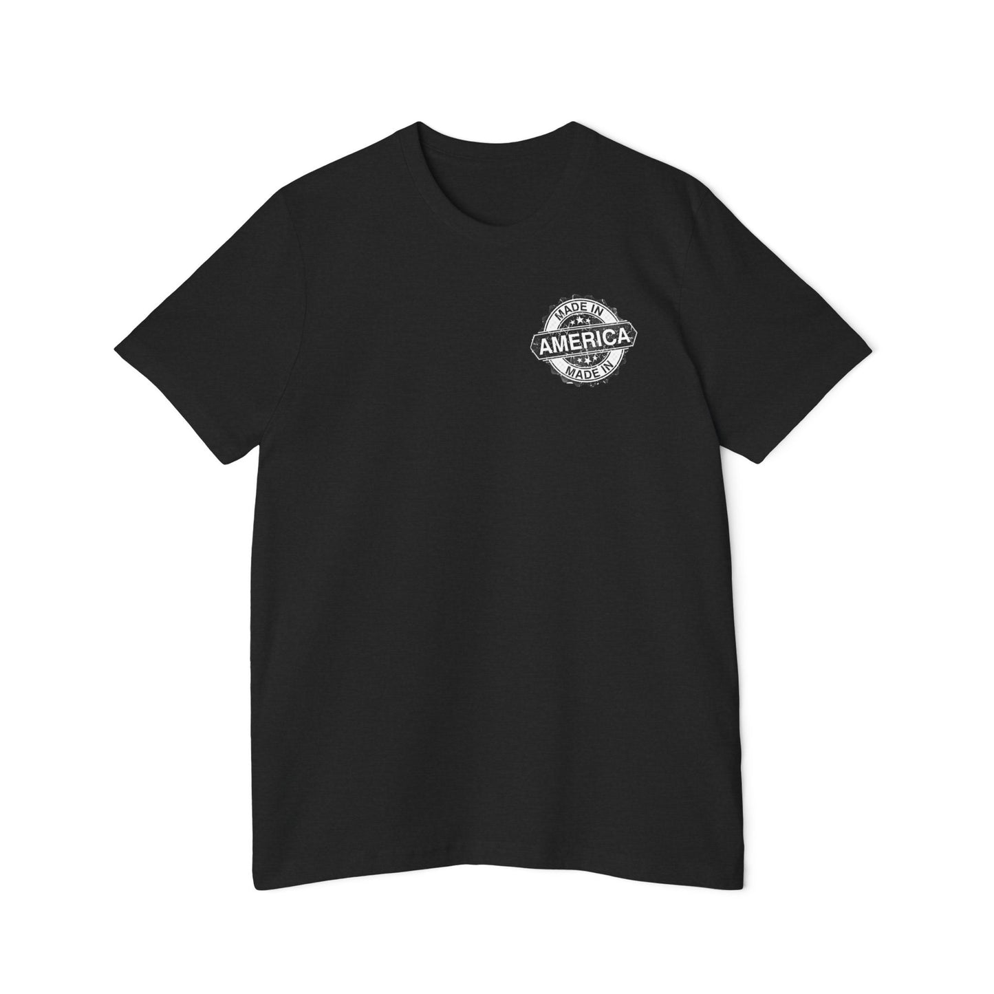 Black T-shirt with a small 'Made in America' badge design on the left chest