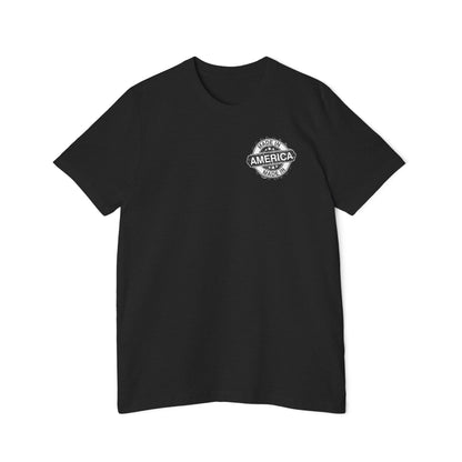 Black T-shirt with a small 'Made in America' badge design on the left chest