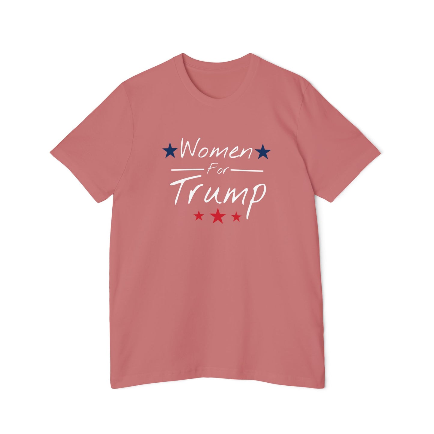 Pink Women For Trump T-shirt featuring bold 'Women For Trump' text in a modern, feminine design. Patriotic T-shirt supporting Donald Trump