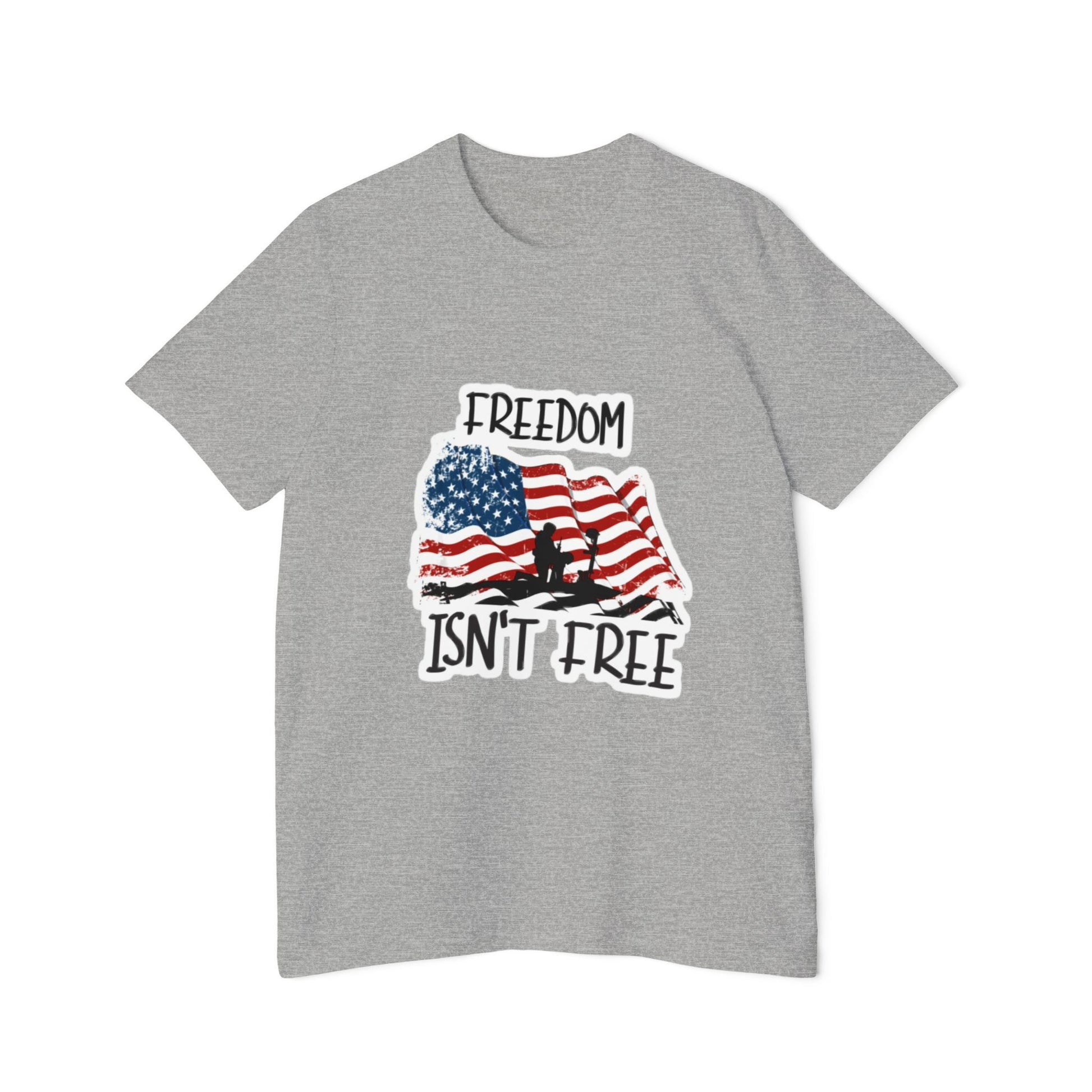 Light gray T-shirt featuring a graphic of a waving American flag with a soldier silhouette and the text 'FREEDOM ISN'T FREE' in bold, distressed lettering