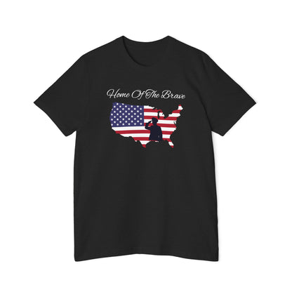 Black T-shirt featuring the phrase 'Home of the Brave' above a silhouette of the United States filled with the American flag design and a soldier saluting