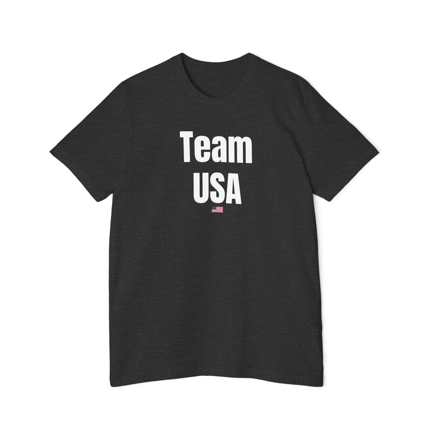 Grey Team USA T-shirt with bold 'Team USA' text and a small USA flag underneath. Simple patriotic design on a classic fit T-shirt.