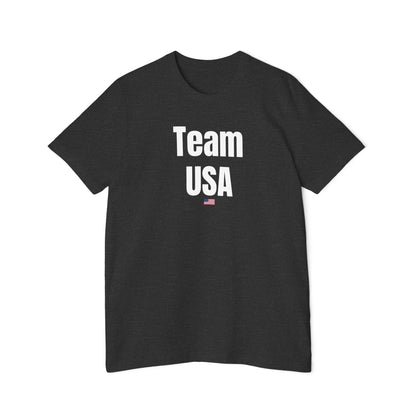 Grey Team USA T-shirt with bold 'Team USA' text and a small USA flag underneath. Simple patriotic design on a classic fit T-shirt.