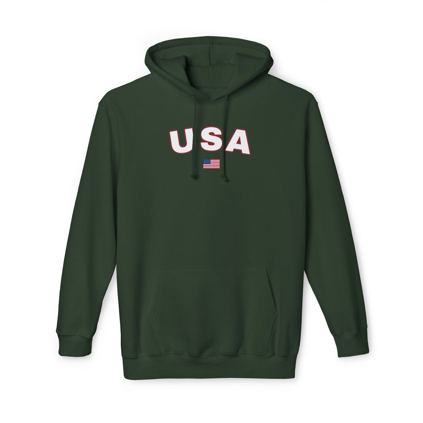 Military green hoodie with the text 'USA' in bold white letters across the chest. Below the text, there is a small American flag