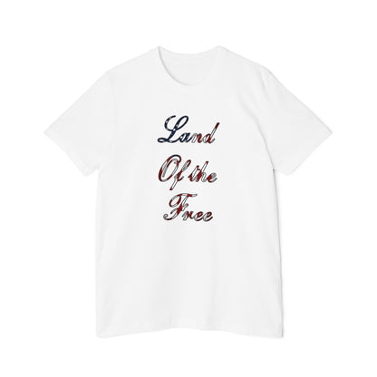 White T-shirt featuring the phrase 'Land of the Free' written vertically in a script font with a red, white, and blue American flag-themed design