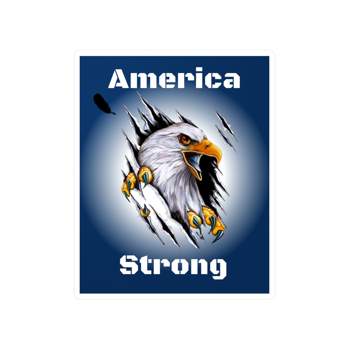 Blue decal showing an eagle ripping through the middle of the design with the words, "America Strong", around the eagle.