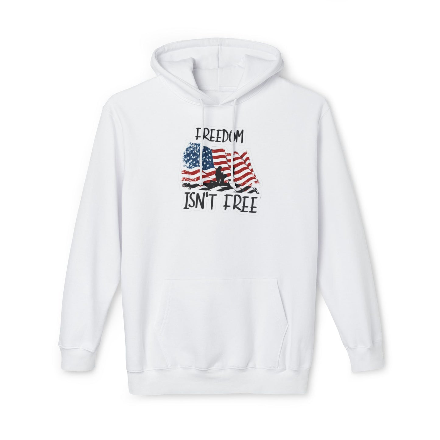 White hoodie featuring a graphic of a waving American flag with a soldier silhouette and the text 'FREEDOM ISN'T FREE' in bold, distressed lettering