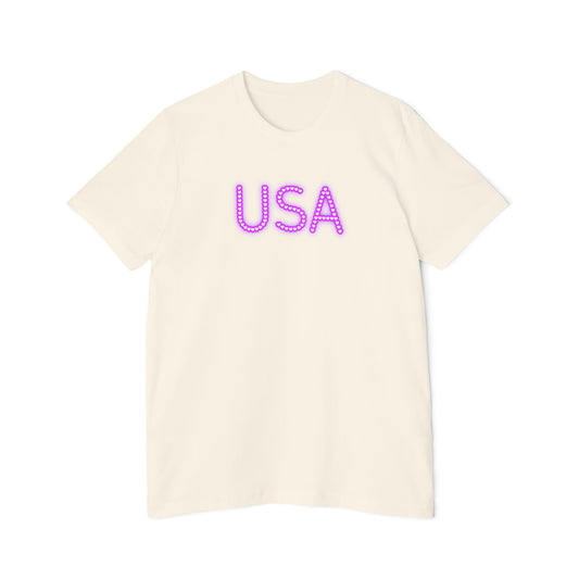 Cream-colored t-shirt featuring the word 'USA' in bold, neon purple letters with a dotted design