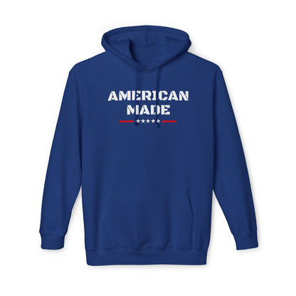 Blue hoodie with 'American Made' text in bold white stencil font, featuring a row of stars beneath the text, bordered by red lines