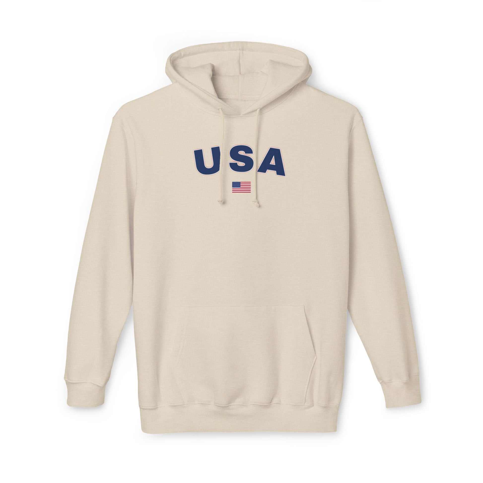 Cream hoodie with the text 'USA' in bold navy blue letters across the chest. Below the text, there is a small American flag