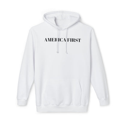 White hoodie with 'America First' text in black capital letters across the chest