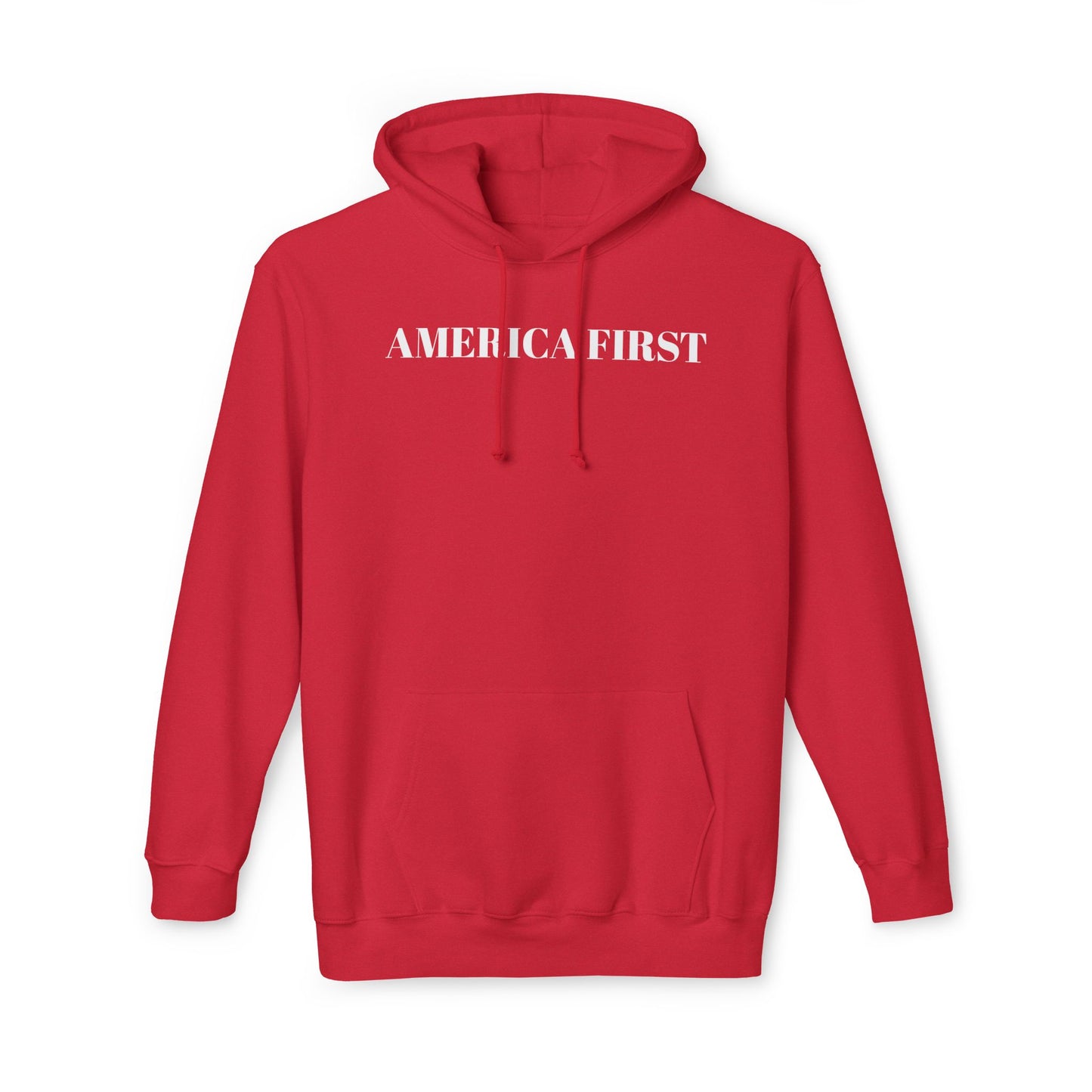 Red hoodie with 'America First' text in bold white capital letters across the chest