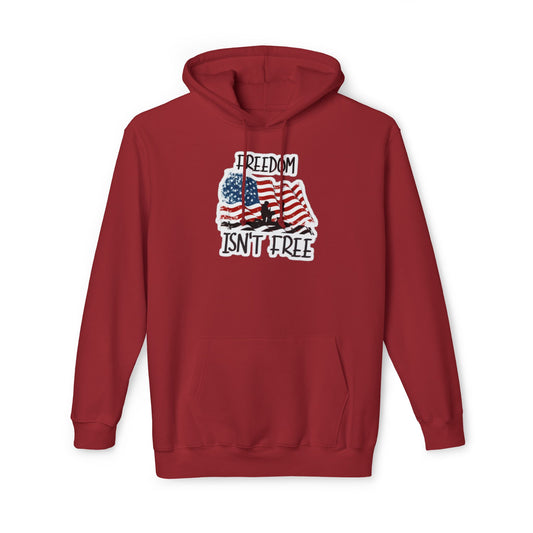 Cardinal hoodie featuring a graphic of a waving American flag with a soldier silhouette and the text 'FREEDOM ISN'T FREE' in bold, distressed lettering