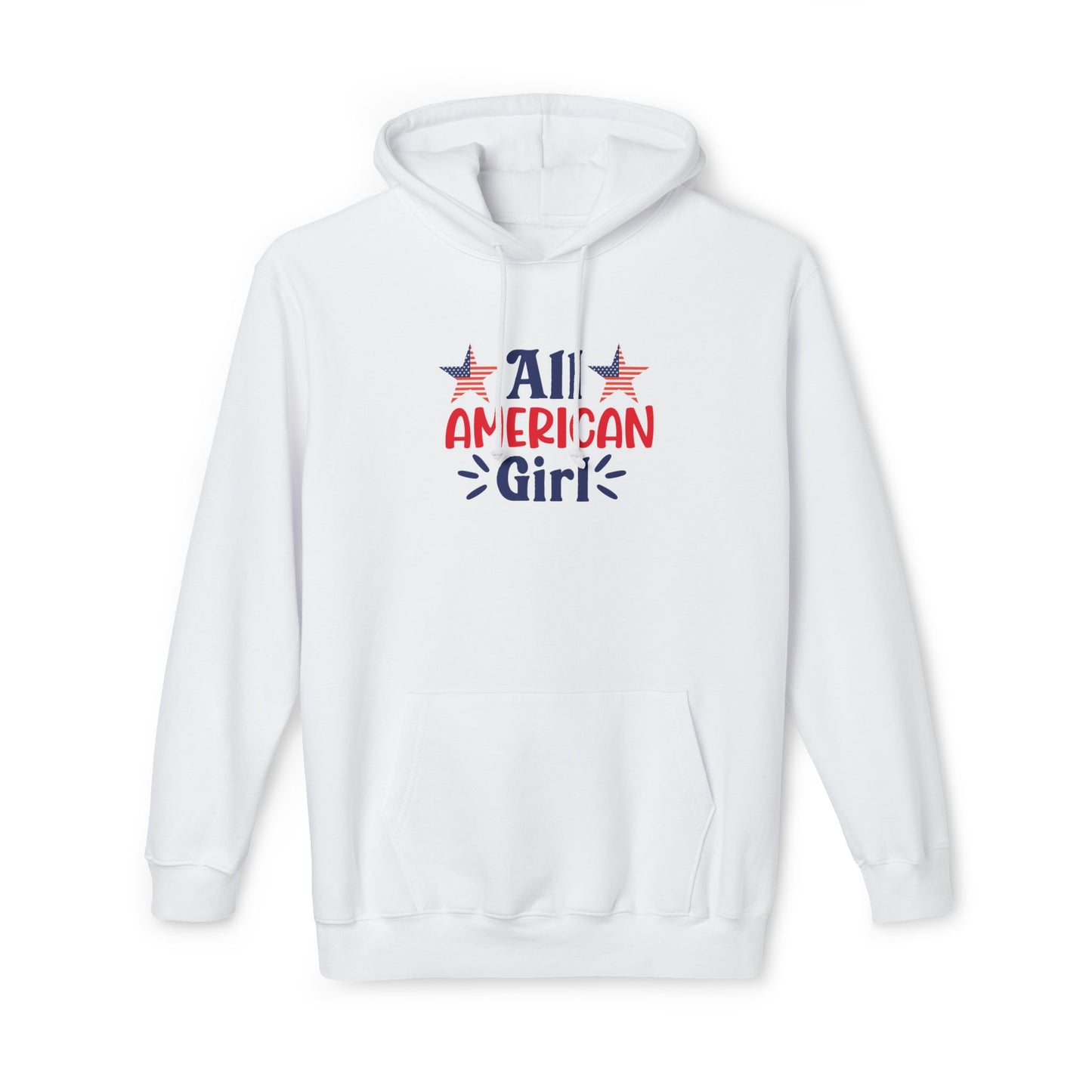 White hoodie with 'All American Girl' text in red and blue, featuring two American flag stars above the text