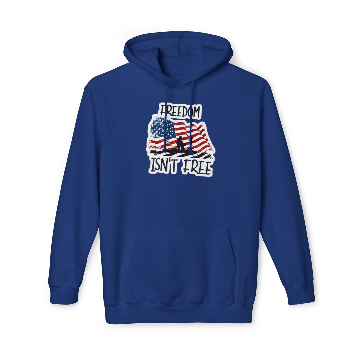 Blue hoodie featuring a graphic of a waving American flag with a soldier silhouette and the text 'FREEDOM ISN'T FREE' in bold, distressed lettering