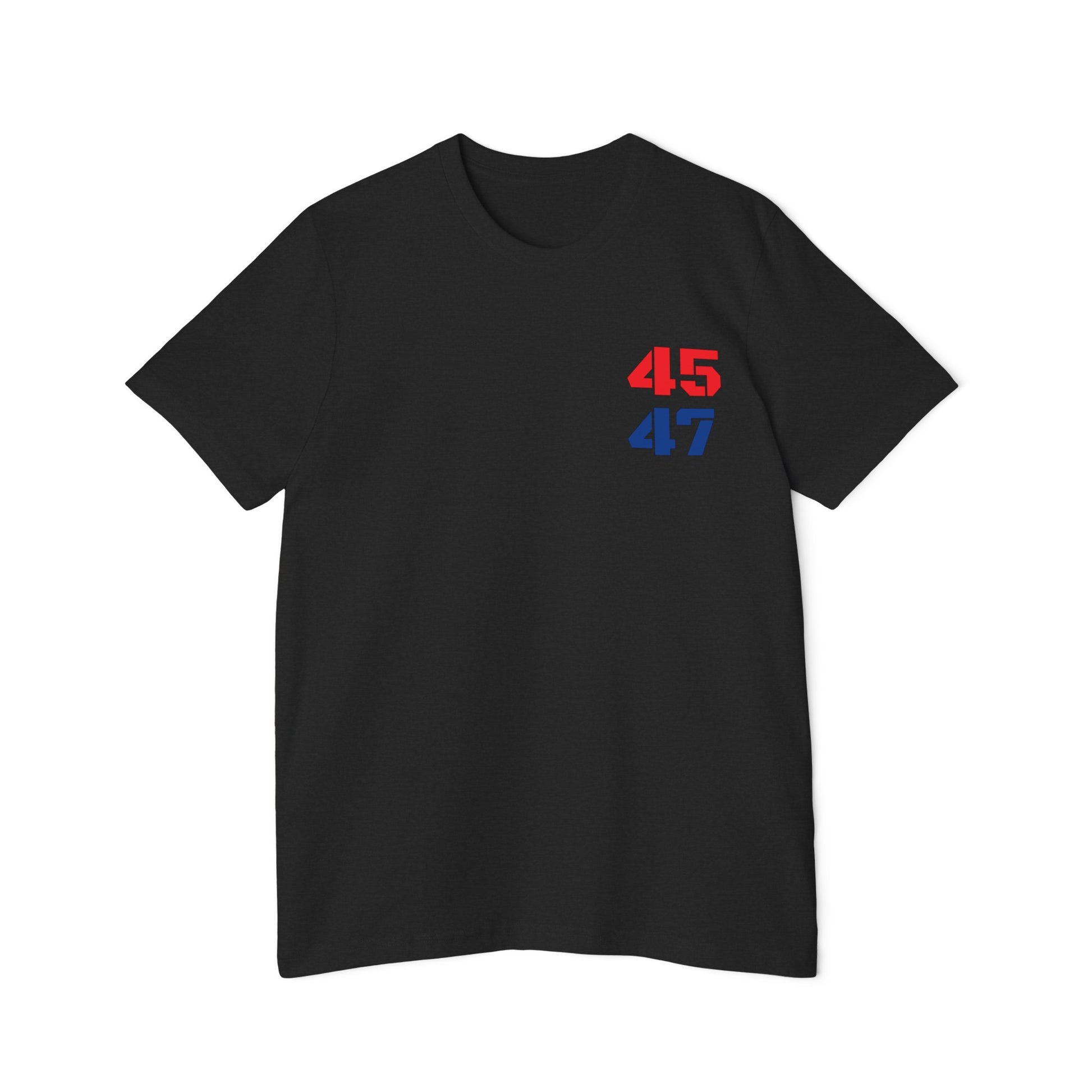 Black t-shirt featuring '45' in red and '47' in blue on the upper left chest, representing Donald Trump as the 45th and potential 47th President of the United States.