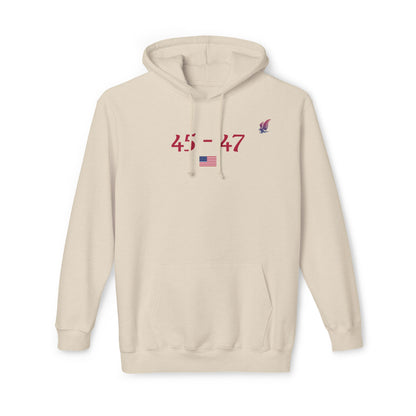 Cream-colored hooded sweatshirt with "45-47," an American flag, and an eagle graphic, representing Donald Trump as the 45th and 47th president