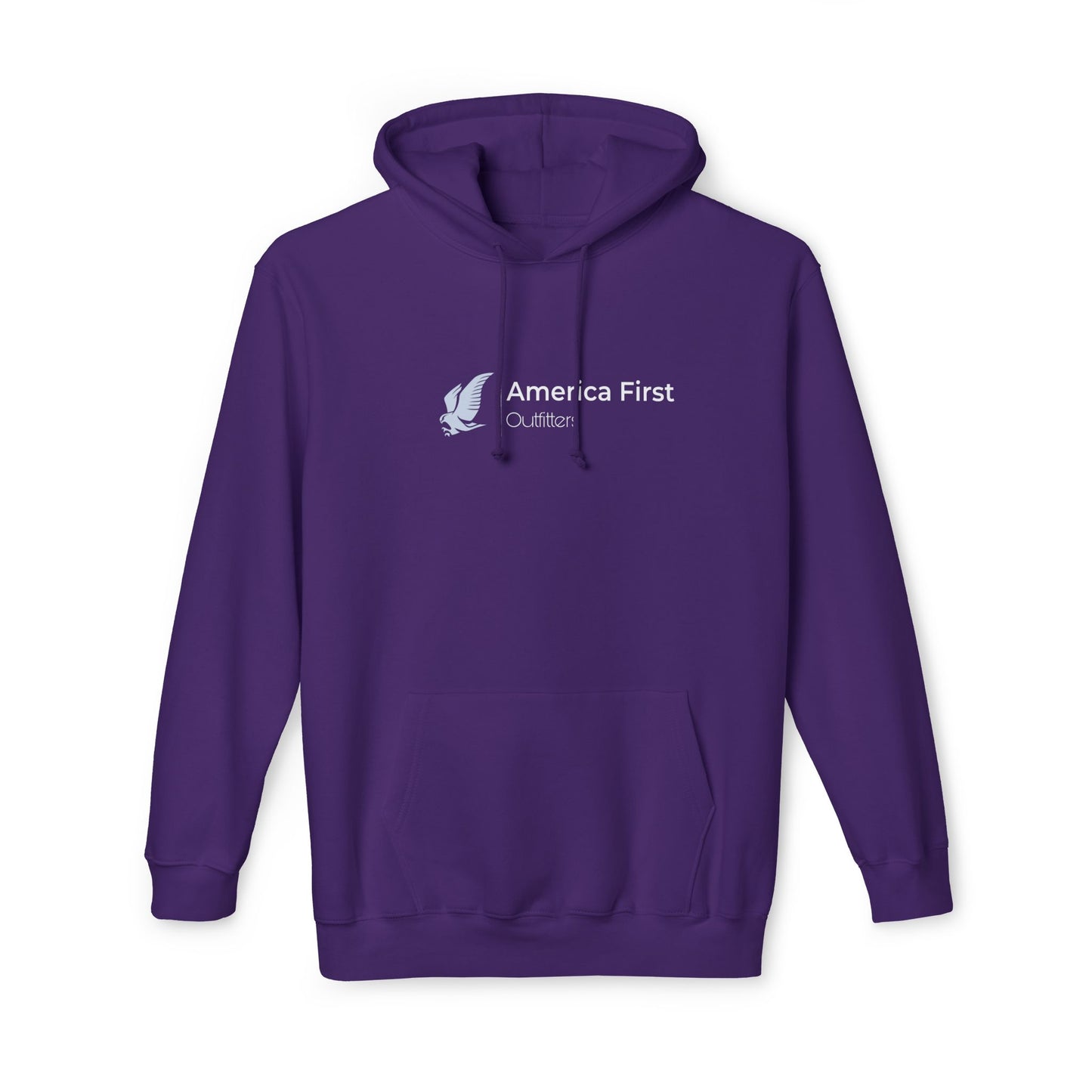 Purple hoodie with 'America First Outfitters' text in white, accompanied by an eagle graphic on the left side of the chest