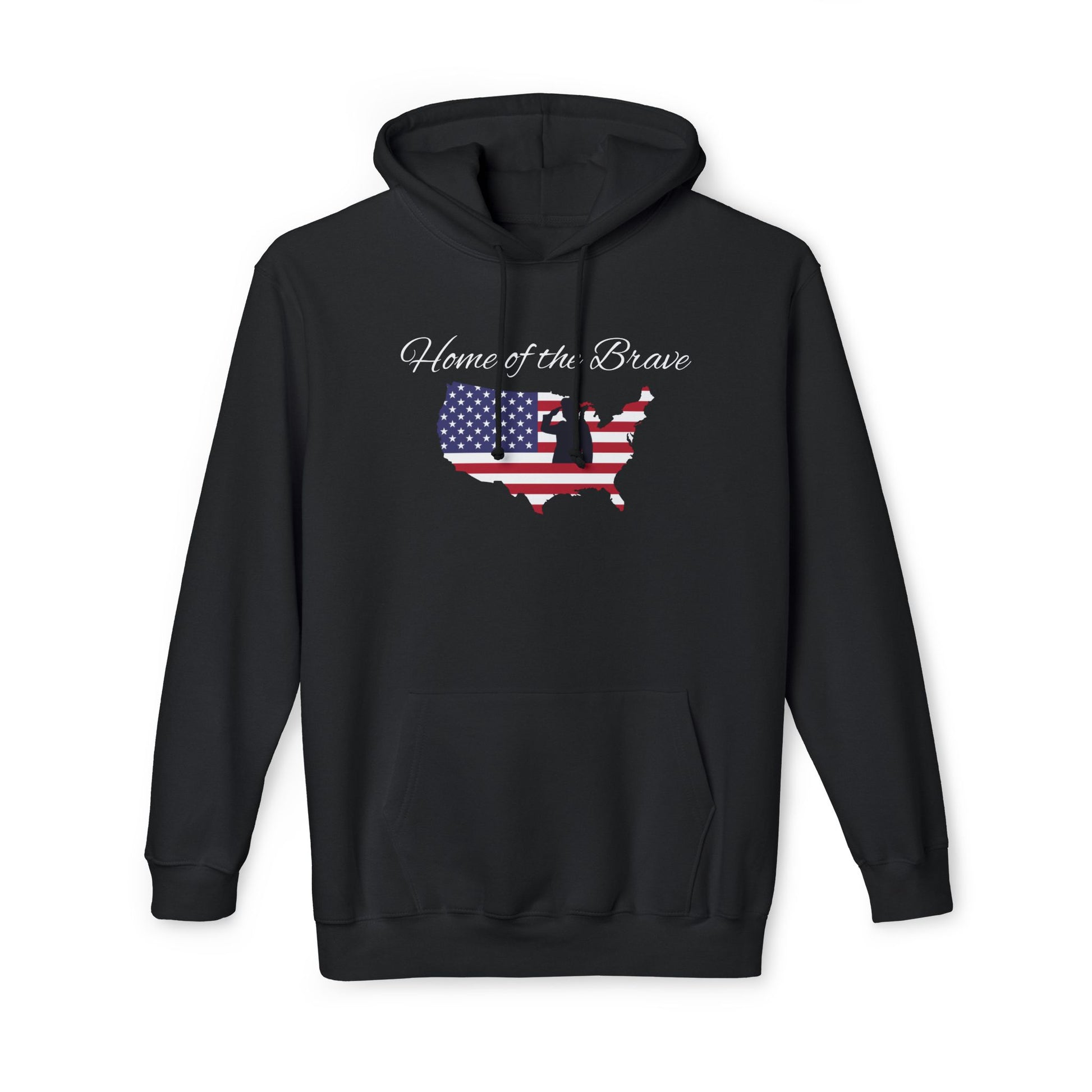 Black hoodie featuring the phrase 'Home of the Brave' above a silhouette of the United States, with the American flag design filling the silhouette