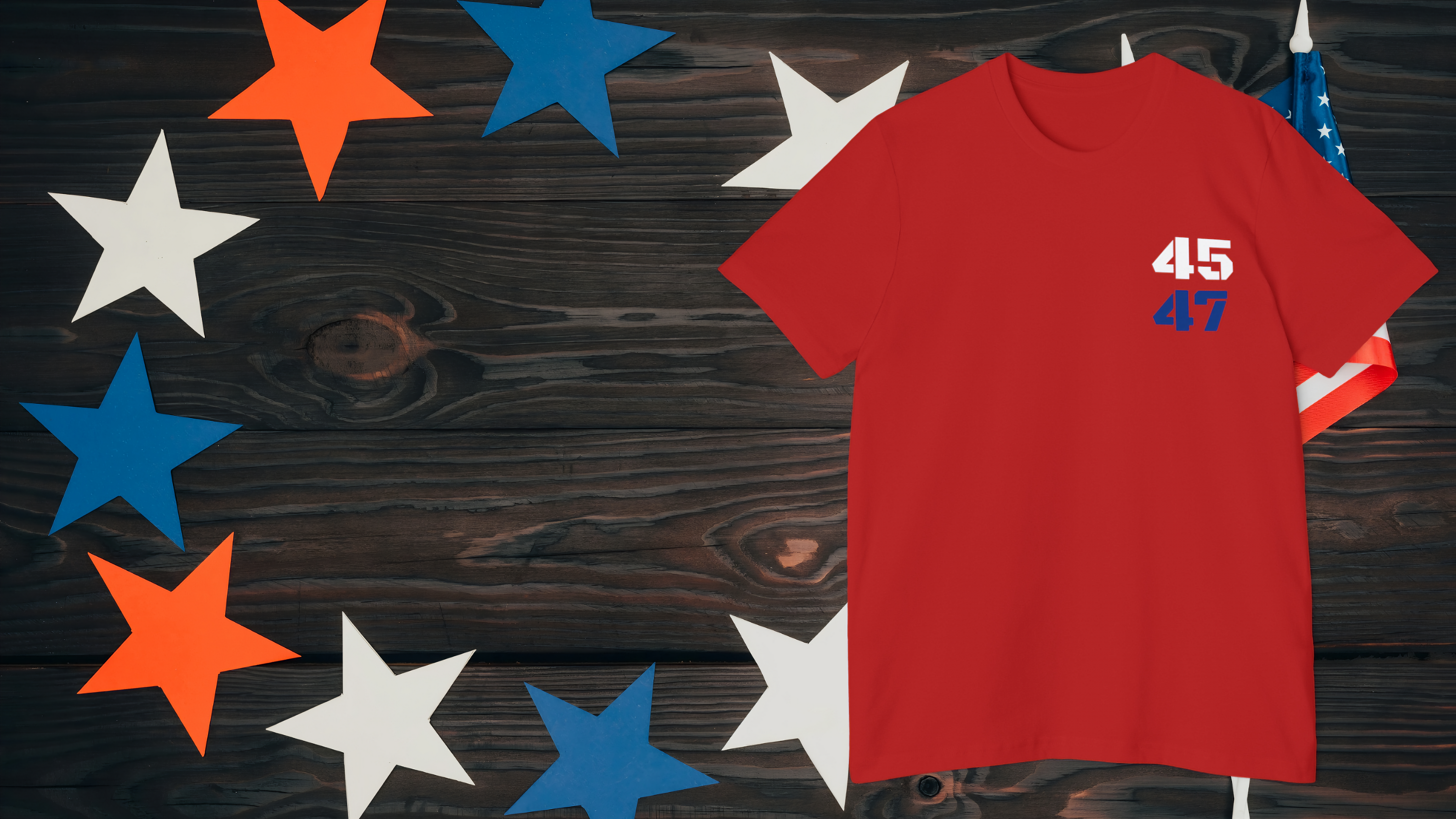 Red T-shirt featuring '45 & 47' design, representing Donald Trump as the 45th and 47th President of the United States